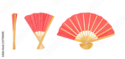 Bamboo fan or red  oriental fan isolated on white Background with clipping path included.