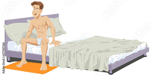 Daily Morning Life. Man of athletic build waking up. Funny people.