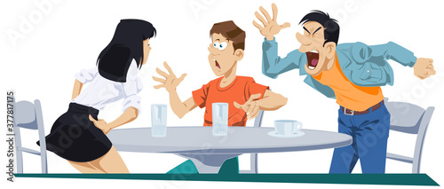 Friends quarrel in cafe. Illustration for internet.