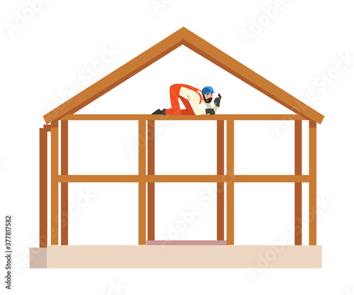 Construction Worker Character Wearing Workwear and Protective Helmet Building Wooden House Cartoon Vector Illustration