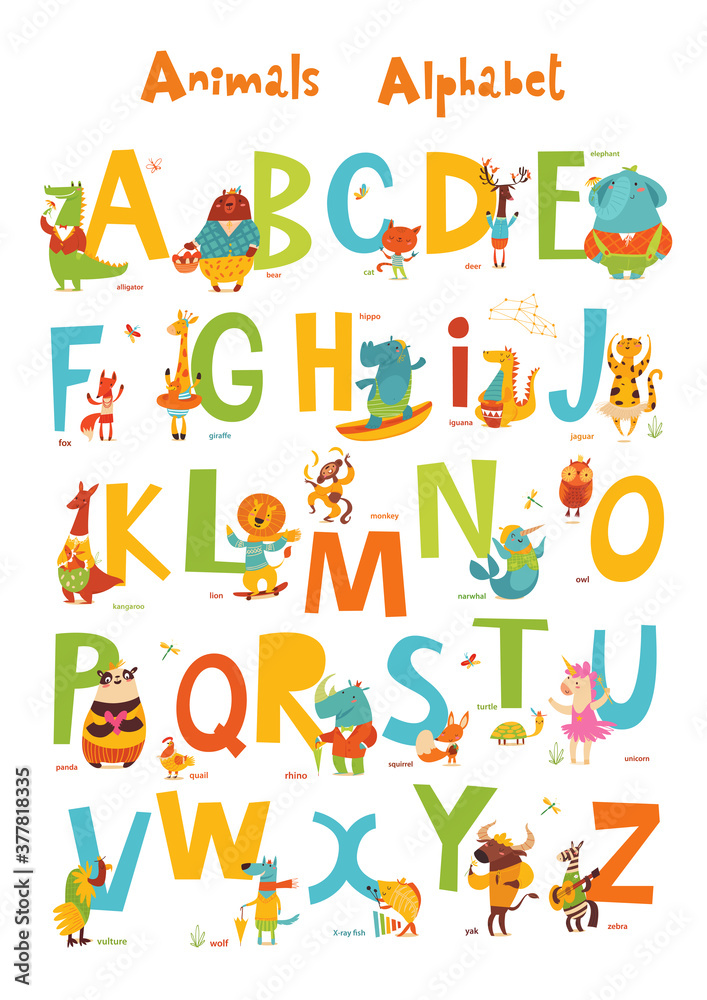 Vector animals ABC with cute cartoon animals characters and letters.
