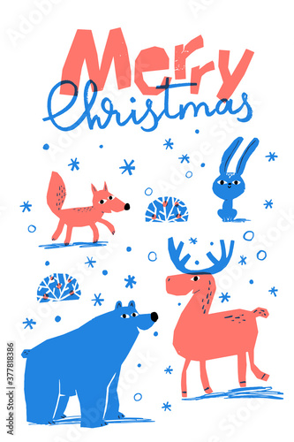 Merry Christmas vector winter poster with cute animals