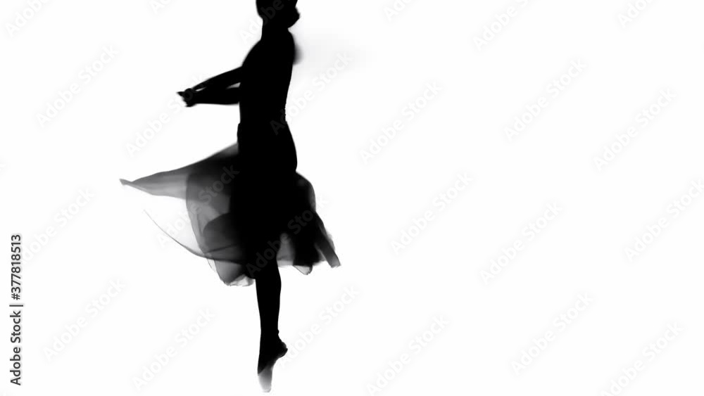 Silhouette of ballerina in skirt dancing isolated on white 