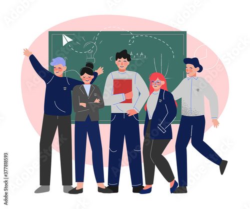 Group of Students Standing Together in Front of Blackboard, Teenage Boys and Girls in Uniform in Classroom Vector Illustration