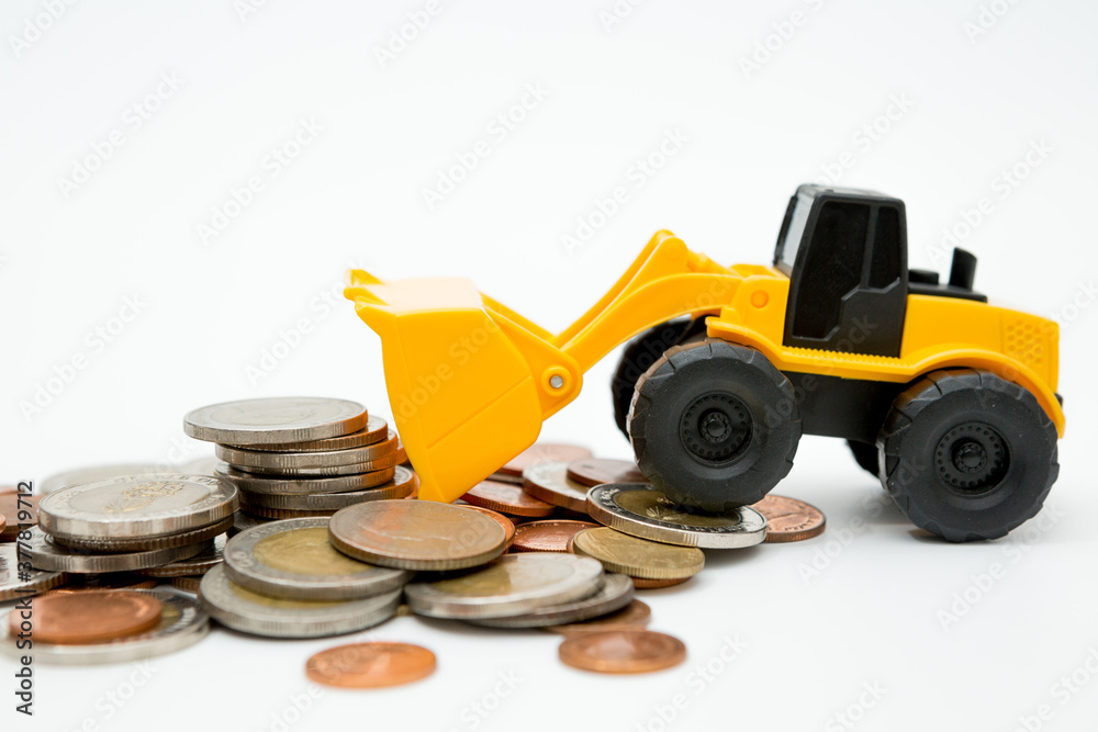 Model loader, coins stack on white background  for money saving concept