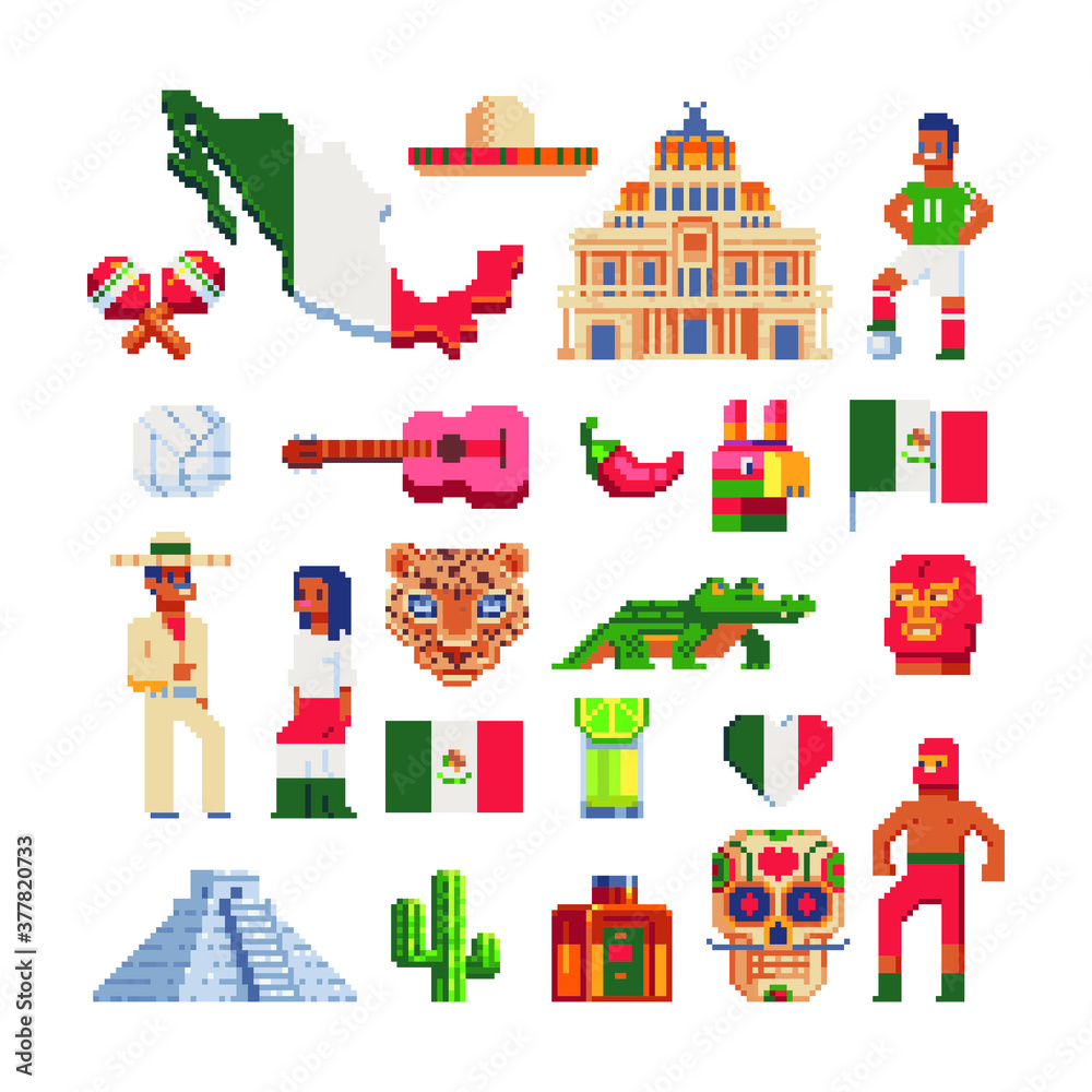 Fototapeta Mexico elements pixel art icons, man and woman in