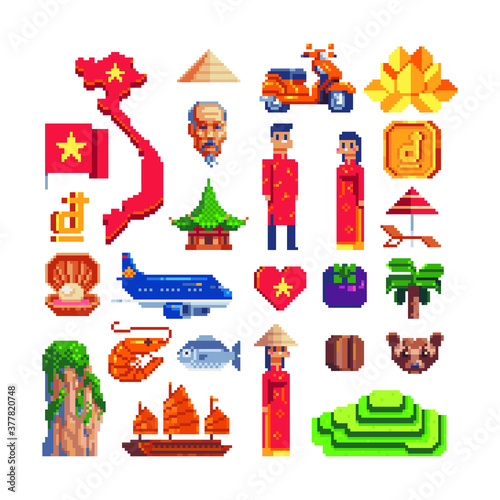 Travel to Vietnam pixel art icons set, national flag and map, golden sign currency Vietnamese dong, people in national dress, pagoda temple isolated vector illustration. Design for stickers and app.