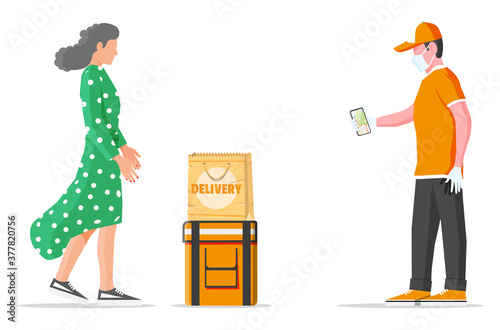 Courier in medical mask and gloves delivers orders. Contactless delivery concept. Delivery man and bag of goods with safe distance to protect form covid-19 or coronavirus. Flat vector illustration