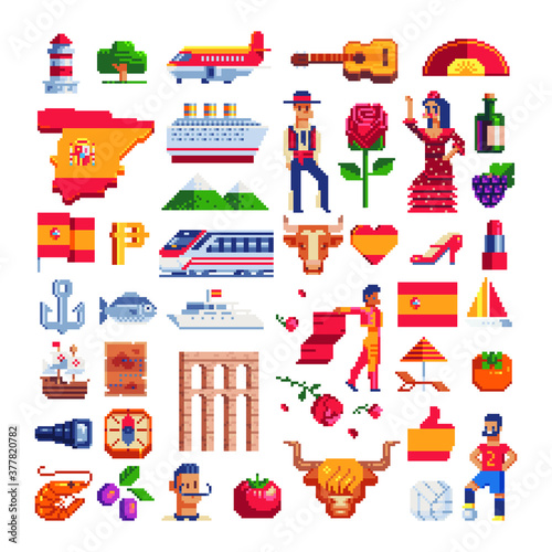 Spain traditional elements pixel art 80s style icons, guitar, flamenco dancer, spanish flag and football player, character in national dress Isolated vector illustration. 8-bit. Design stickers, logo.