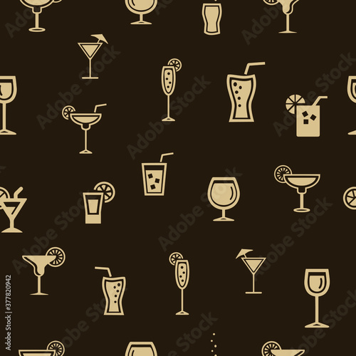 Glasses, fougers, glasses. Various drinks. Drinks and juices, cocktails. Seamless vector illustration for menu, kitchen interior.