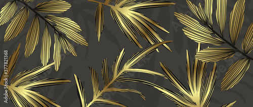 Luxury wall art background. Tropical line arts hand draw gold exotic floral and leaves. Design for packaging design, social media post, cover, banner, Gold geometric pattern design vector