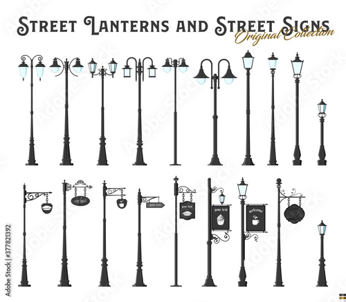 Retro Street Lanterns and Street Signs, Vector Set 