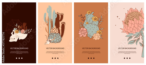 Set of vertical background with Mystical and Mexico elements. Template for social media and mobile app. Skull, cactus, floral and mystic elements. Editable vector illustration.