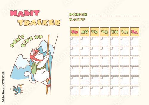 Habit tracker. Cute habit tracker for a month template decorated with a white cat climbing to summit of mountain. Vector 8 ESP.
