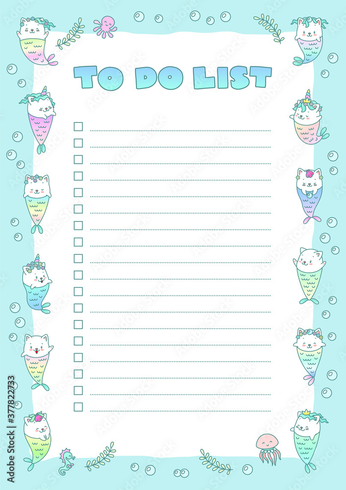 To do list. Planner decorated with cute illustrations of little kittens with mermaid tails. Vector 10 ESP.