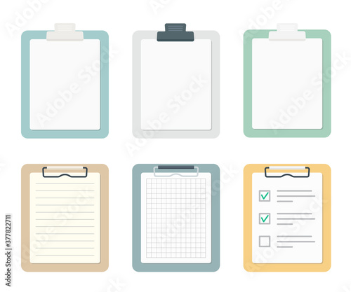 Colored clipboards with paper sheets set. Flat vector illustration isolated on white background