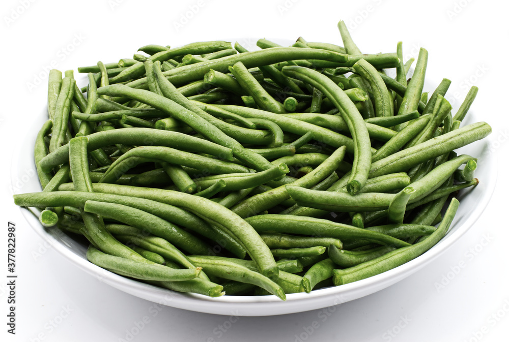 Boiled green beans in a bowl isolated on white background Boiled green beans in a bowl isolated on white background