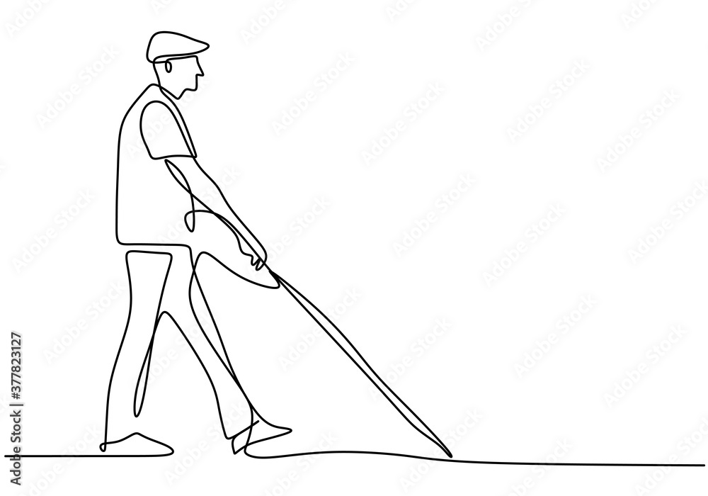 One continuous line art of a blind man is walking on the street with