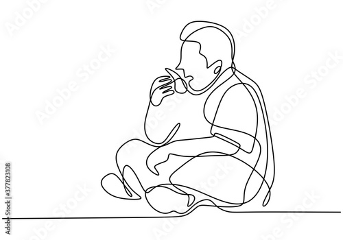 Continuous single line drawing of a boy eating. Teenager man sitting and eating noodle on the table. Eat with appetite. Each gourmet with an open mouth holds a fork with food. Vector illustration