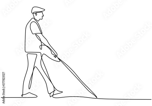 One continuous line art of a blind man is walking on the street with his stick. Young man was crossing the road with the help of his cane. Male in disability. Nobody is perfect. Vector illustration