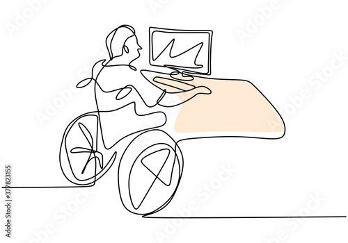 One line drawing of disabled man in wheelchair using laptop at home. A businessman in disability work from home. Inspiring the spirit of life isolated on white background. Vector design illustration