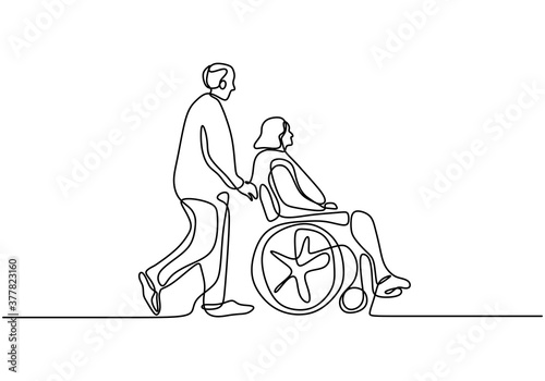 Continuous one line drawing of a young man pushing wheelchair with disabled old woman. Helping elderly, disable people and sick people. Humanity concept minimalist style. Vector illustration