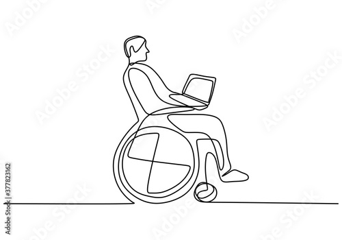 One line drawing of disabled man in wheelchair using laptop at home. A businessman in disability work from home. Inspiring the spirit of life isolated on white background. Vector design illustration