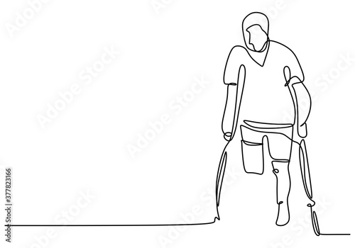 Young man with one leg one continuous line with minimalist design isolated in one white background. Standing male with one leg learning to walk with a stick. Minimalist design. Vector illustration
