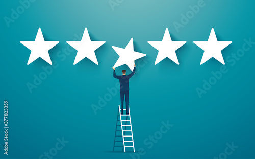 man on ledder giving five star rating. feedback concept vector illustration