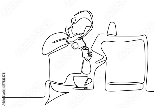 Continuous one single line drawing of barista. A young handsome man as owner cafe is makes a coffee in his bar. Coffee addict concept isolated on white background. Vector illustration