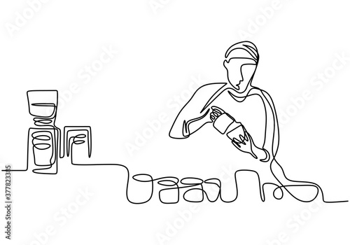 Continuous one single line drawing of barista. A young handsome man as owner cafe is makes a coffee in his bar. Coffee addict concept isolated on white background. Vector illustration