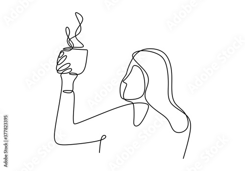 Woman with a cup of coffee continuous one line vector drawing. Young girl sitting at table and holding coffee cup while releasing stress. Enjoy with coffee minimalistic contour illustration