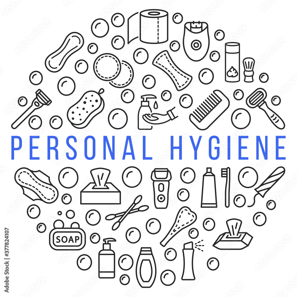 Vecteur Stock Personal hygiene products circle banner with line flat icon.  Vector illustration hygiene for people. Any text can be used in the center  | Adobe Stock