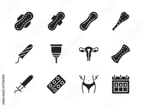 Menstruation flat glyph icon set. Can be used to illustrate feminine hygiene and health. Periods symbol black silhouette. Different type sanitary pads.
