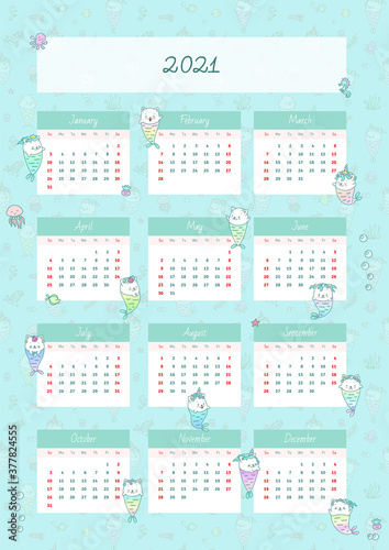 Wall calendar 2021. Monthly calendar decorated with little kitten mermaids and sea creatures. Vector illustration 10 EPS.