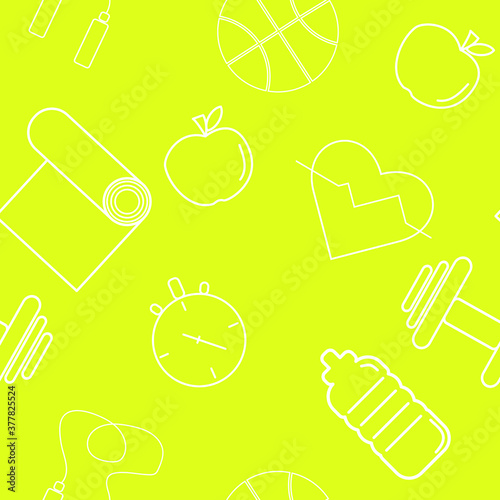 Fitness, sports training, seamless pattern, vector. Fitness and healthy lifestyle. Dumbbells, mat, balls, heart, bottle and skipping rope