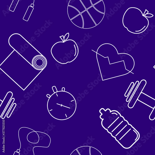 Fitness, sports training, seamless pattern, vector. Fitness and healthy lifestyle. Dumbbells, mat, balls, heart, bottle and skipping rope
