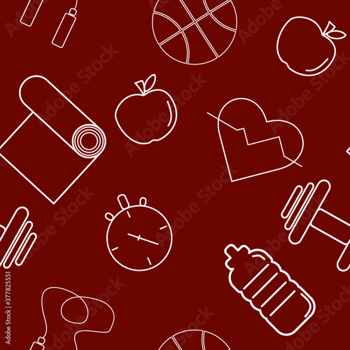 Fitness, sports training, seamless pattern, vector. Fitness and healthy lifestyle. Dumbbells, mat, balls, heart, bottle and skipping rope