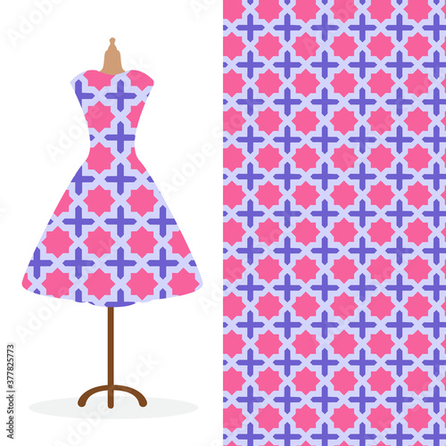 Womens long dress mock up with bright seamless hand drawn pattern for textile, paper print. 