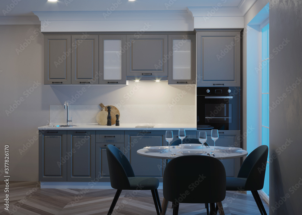 Modern kitchen interior. Night. Evening lighting. 3D rendering. Modern kitchen interior. Night. Evening lighting. 3D rendering.