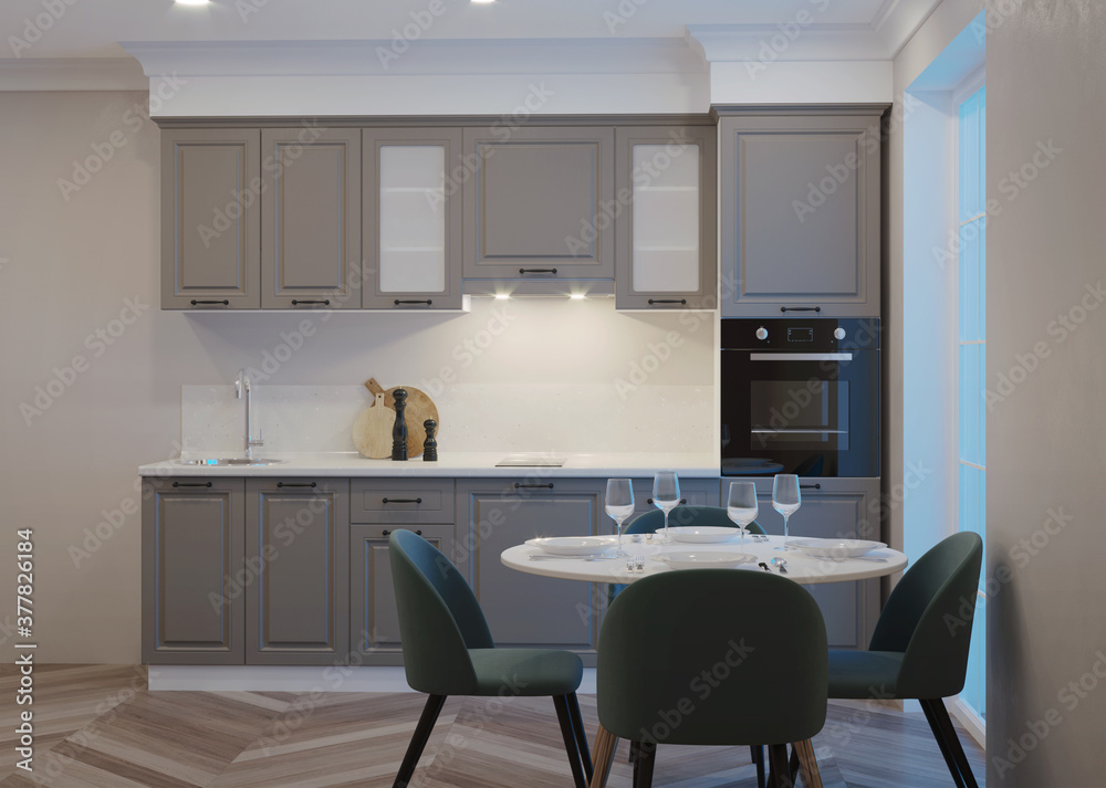Fototapeta premium Modern kitchen interior. Night. Evening lighting. 3D rendering.
