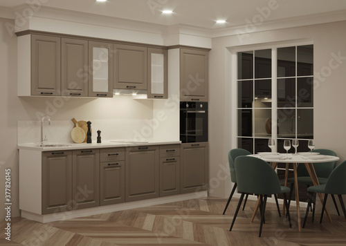 Modern kitchen interior. Night. Evening lighting. 3D rendering.