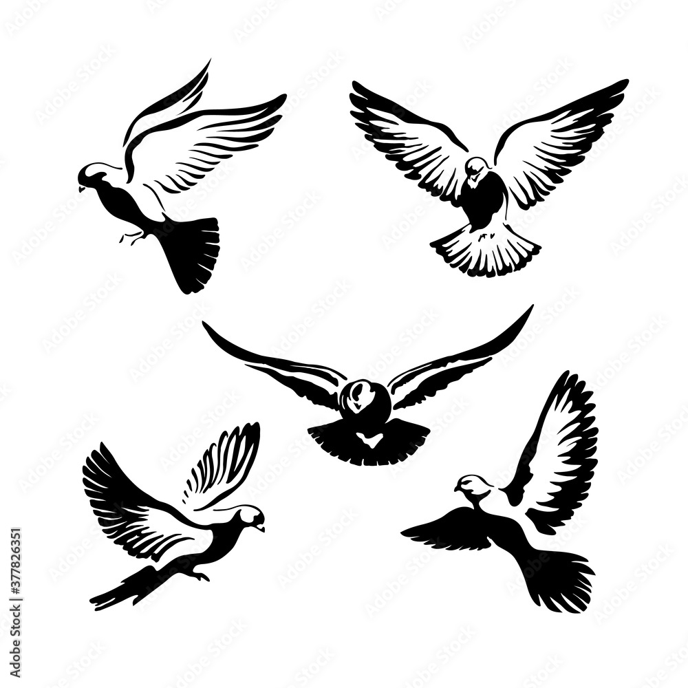 Obraz premium A set of doves flies with spread wings in the sky. Logo template or icon isolated symbol of peace freedom or postal delivery and tattoo. Vector illustration