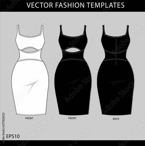 midi dress  fashion flat sketch template, sexy dress front and back