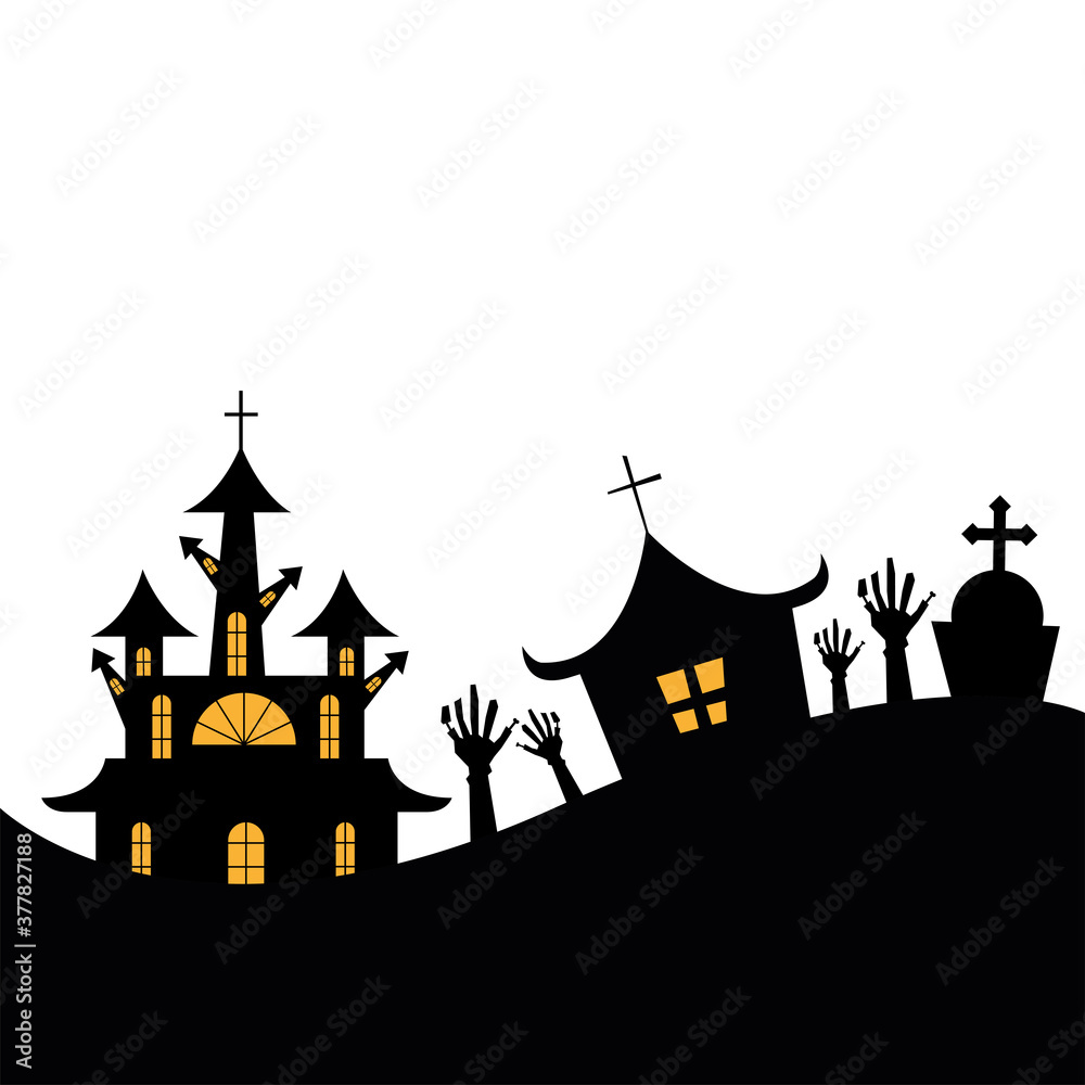 Halloween houses with hands and grave vector design