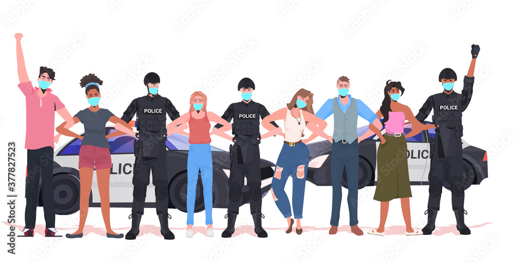 Obraz premium pollice officers with mix race protesters in masks standing together coronavirus quarantine concept full length horizontal vector illustration