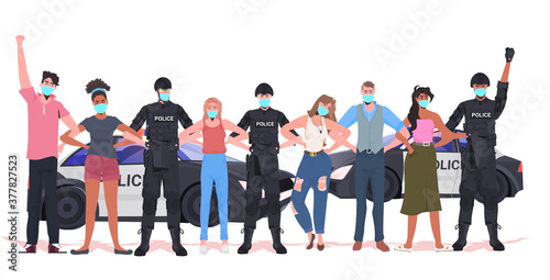 pollice officers with mix race protesters in masks standing together coronavirus quarantine concept full length horizontal vector illustration