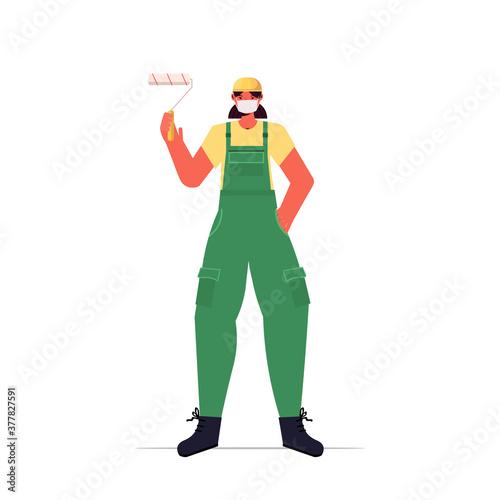 repair woman using paint roller wearing mask to prevent coronavirus pandemic self isolation labor day celebration concept full length vector illustration