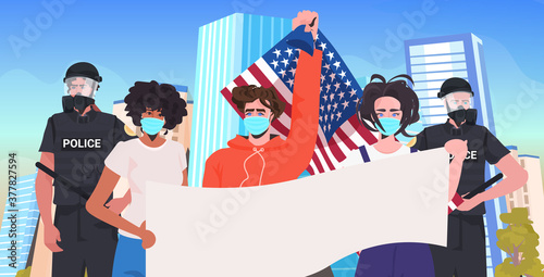 pollice officers with mix race protesters in masks holding empty banner labor day celebration coronavirus quarantine concept cityscape background portrait horizontal vector illustration