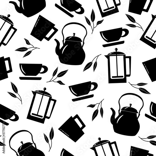 Seamless pattern with teapot, french press and cups. Vector monochrome illustration on a white background.